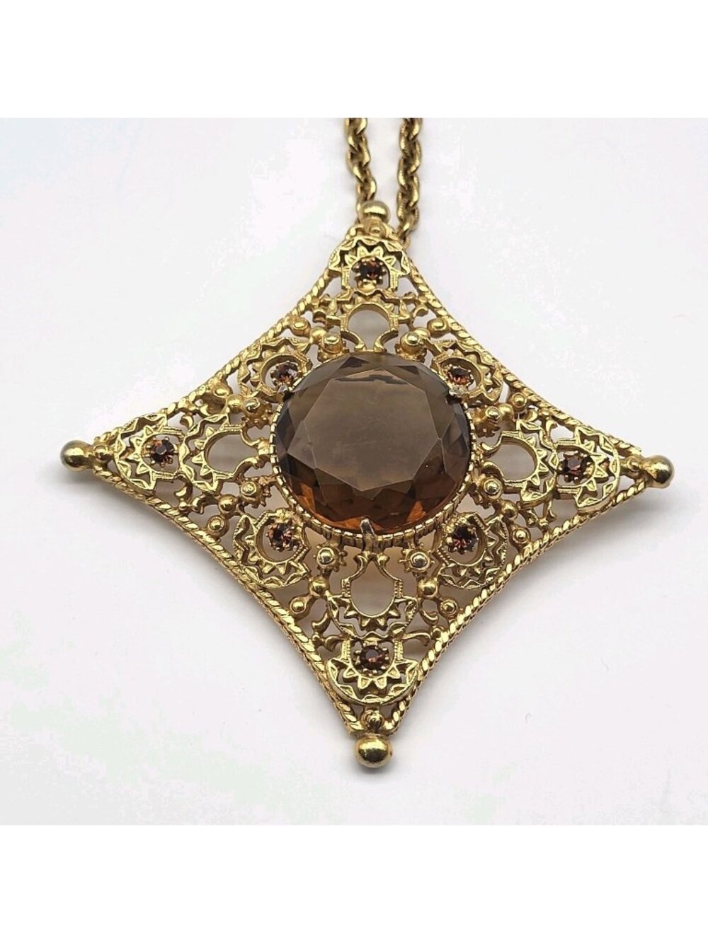 Vintage Florenza Goldtone Amber Rhinestone Cross Necklace Victorian Revival